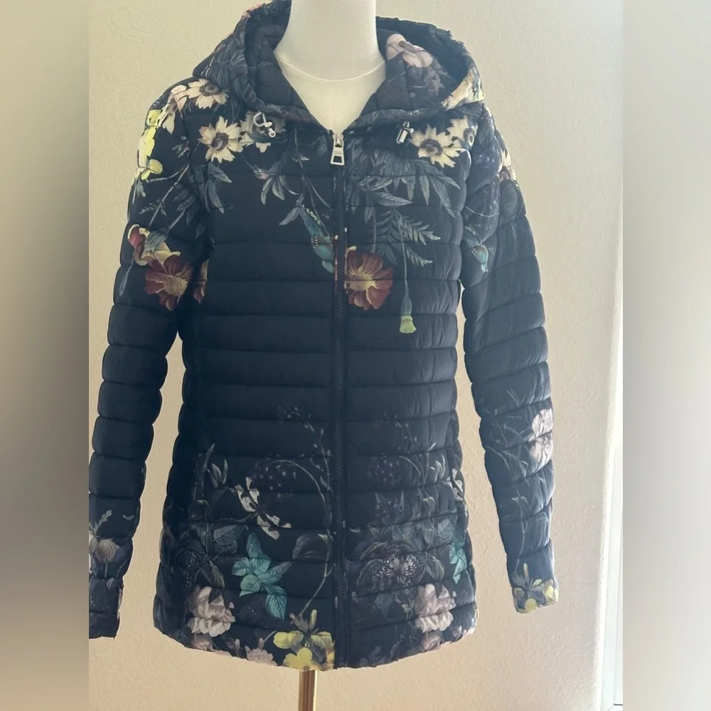 Point Zero Black Puffer Jacket with Floral Pattern - Picture 2 of 5
